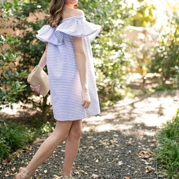 REVOLVE NWT Line & Dot Blue Stripe Lea Dress Off The Shoulder Ruffle Size XS - Picture 13 of 13